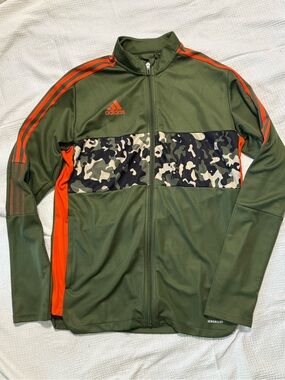 adidas Olive Green Track Jacket with Orange Stripes and Camo Band